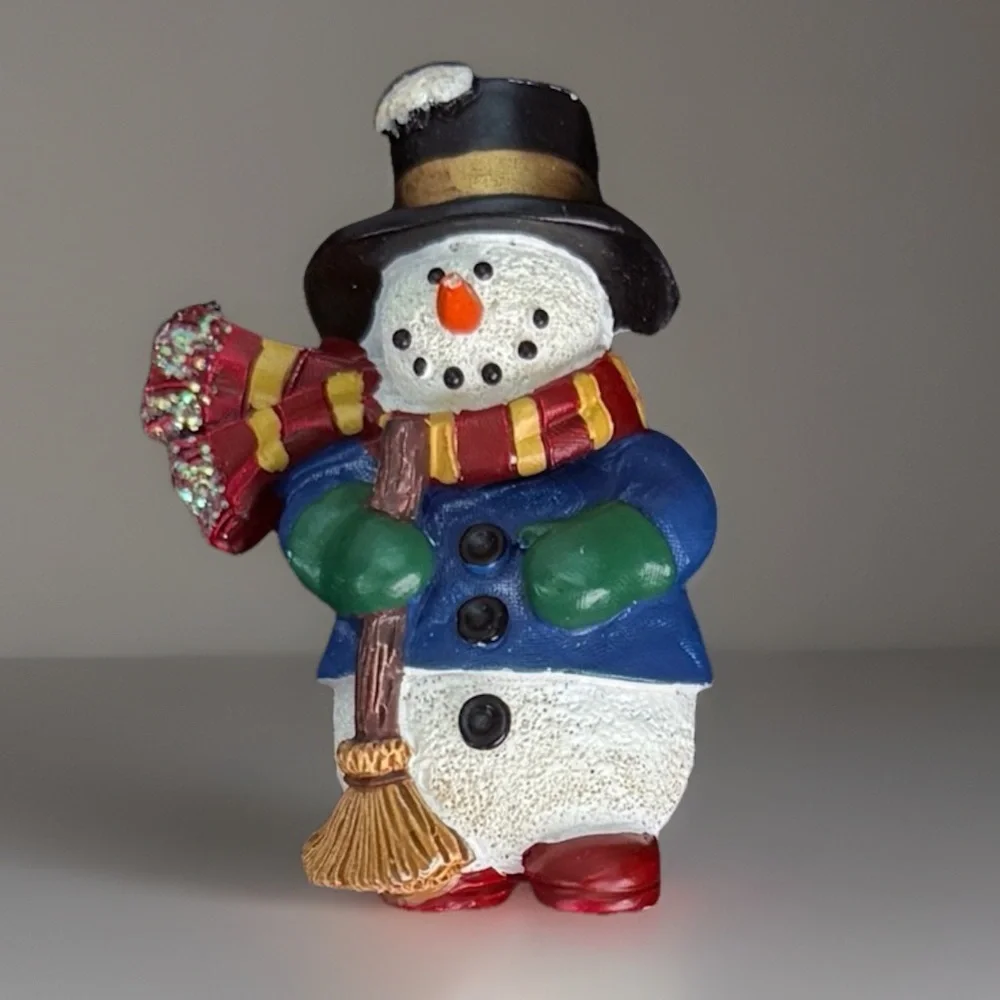 Festive Snowman Figurine with Broom Brooch Pin